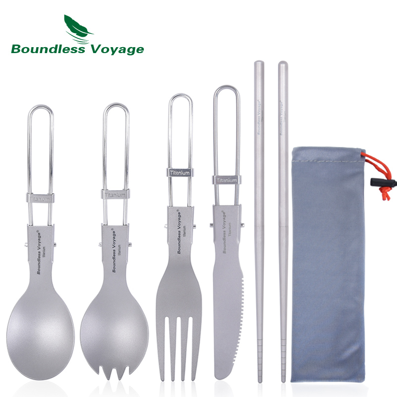 Camping Cooking And Cutlery Set - Boundless Voyage Titanium Camping Cutlery Folding