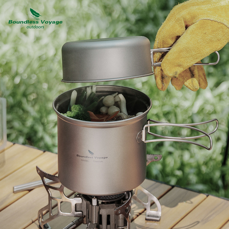 Camping Cooking Pots And Pans Set - Pure Titanium Folding Boiling Pot+ Frying